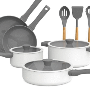 So Yummy by Bella 12-Piece Cookware Set with ceramic nonstick, utensils, and glass lids. Oven, dishwasher, and stovetop compatible. (Frost)